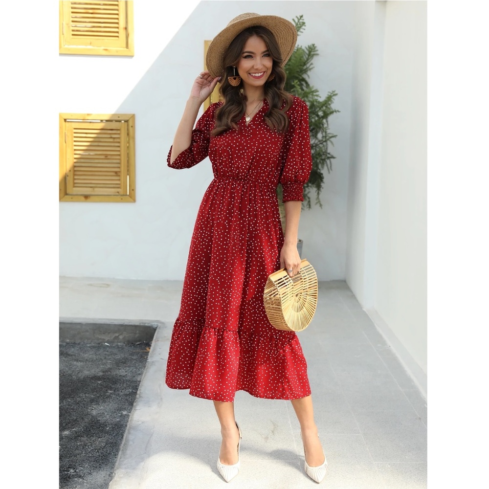 Polka Dot Red Midi Dress V-Neck Half Sleeve - Picture 3 of 7